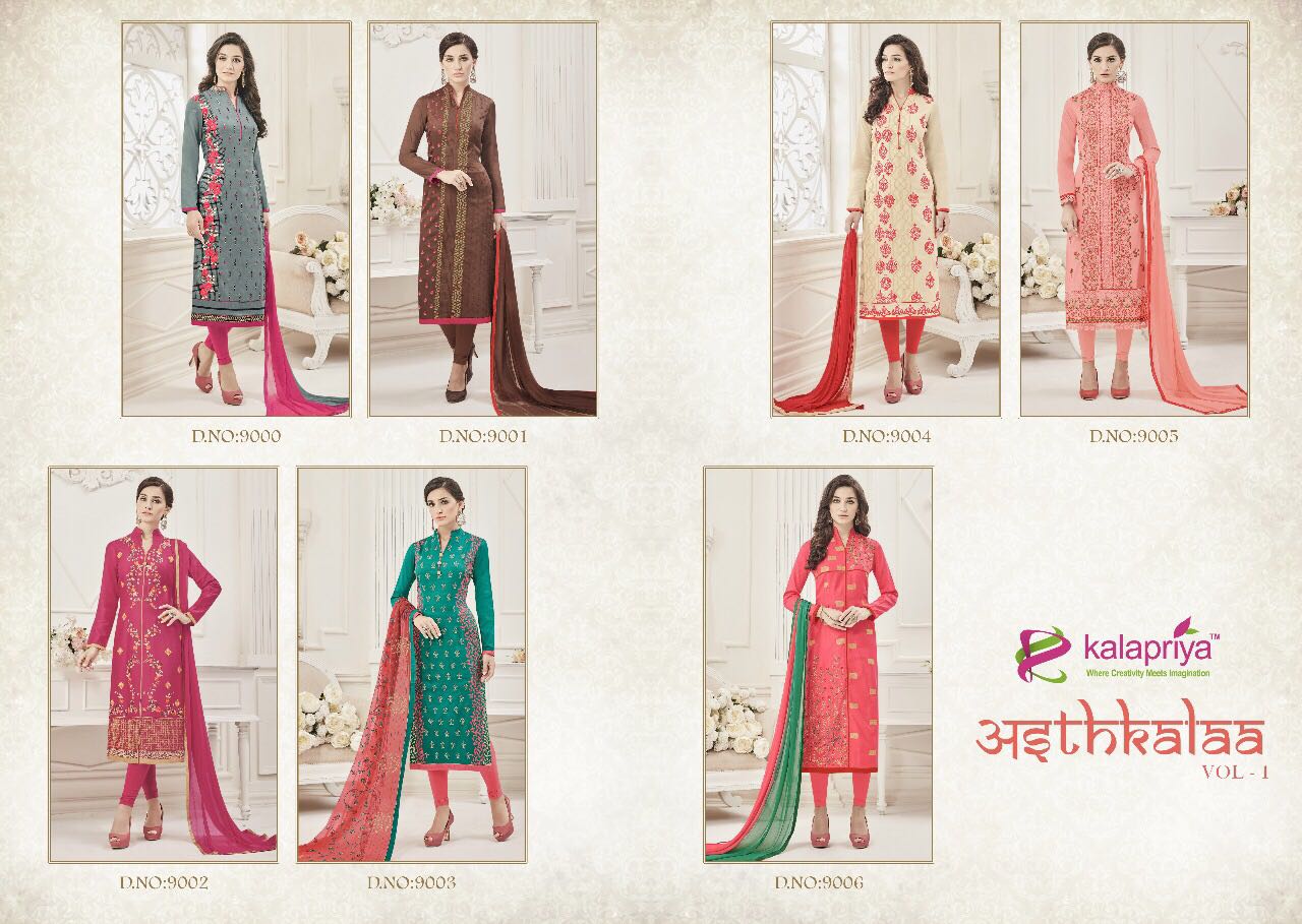 Aasthkala By Kalapriya 9000 To 9006 Series Beautiful Indian Suits With Embroidered Work Colorful Ethnic Wear & Party Wear Pure Cambric Dresses At Wholesale Price