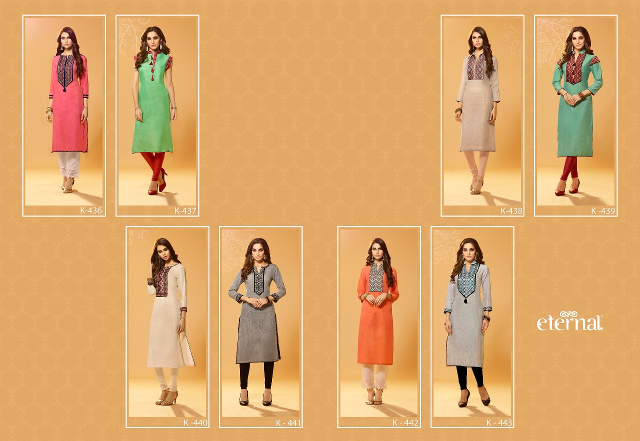 Akira By Eternal 436 To 443 Series Stylish Fancy Beautiful Colorful Casual Wear & Party Wear Two Tone Slub Poly Cotton Embroidered Kurtis At Wholesale Price