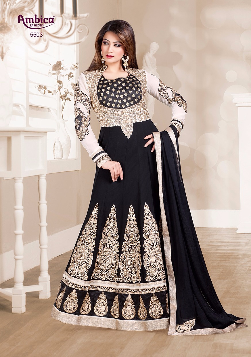 Ambica 5503 Colors By Ambica Fashions 5503-a To 5503-e Series Bollywood Beautiful Stylish Designer Embroidered Party Wear Georgette Dresses At Wholesale Price