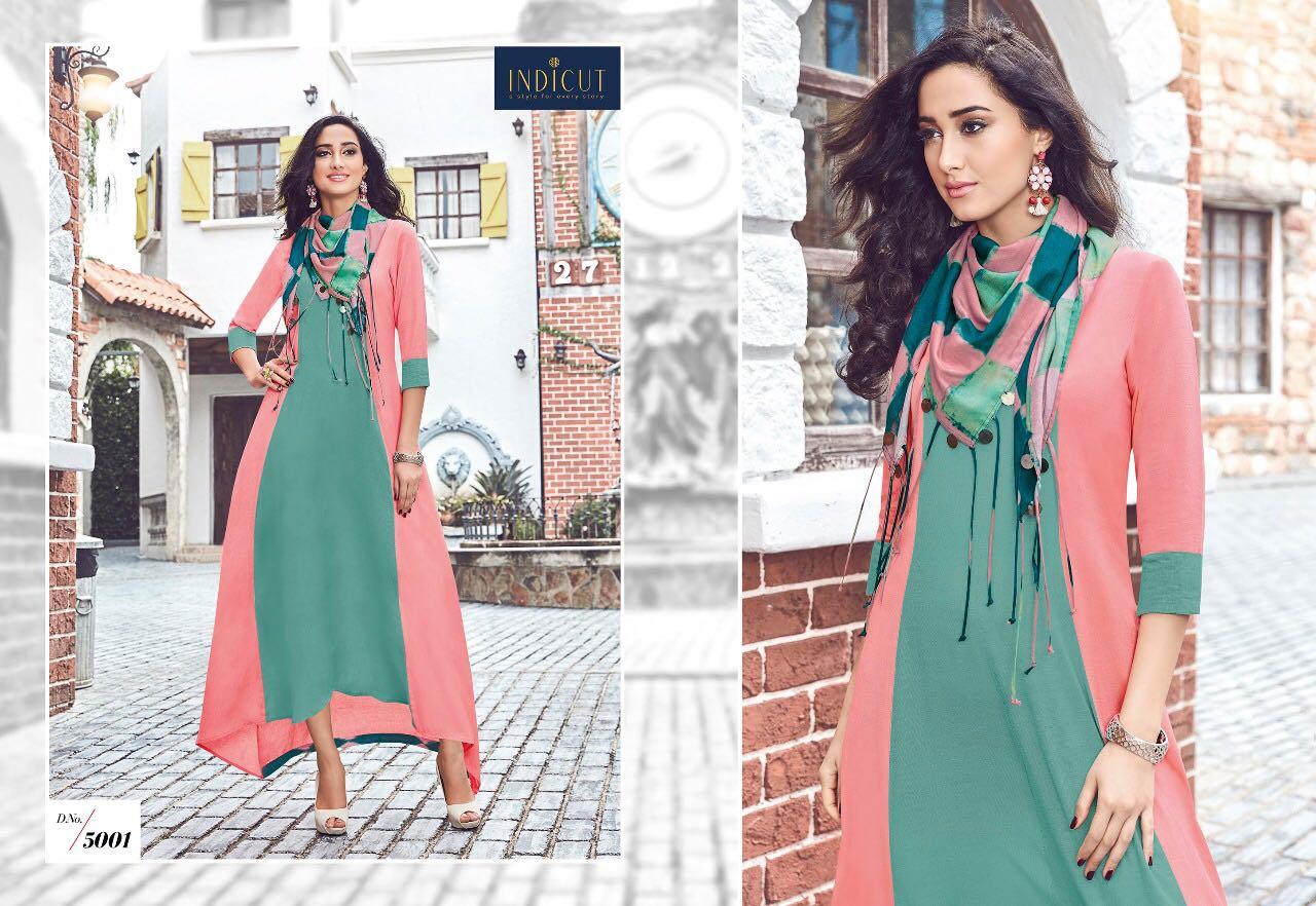 Dazzle By Indicut 5001 To 5010 Series Designer Stylish Fancy Beautiful Colorful Party Wear & Ethnic Wear Rayon & Cotton Printed Kurtis & Scarfs At Wholesale Price