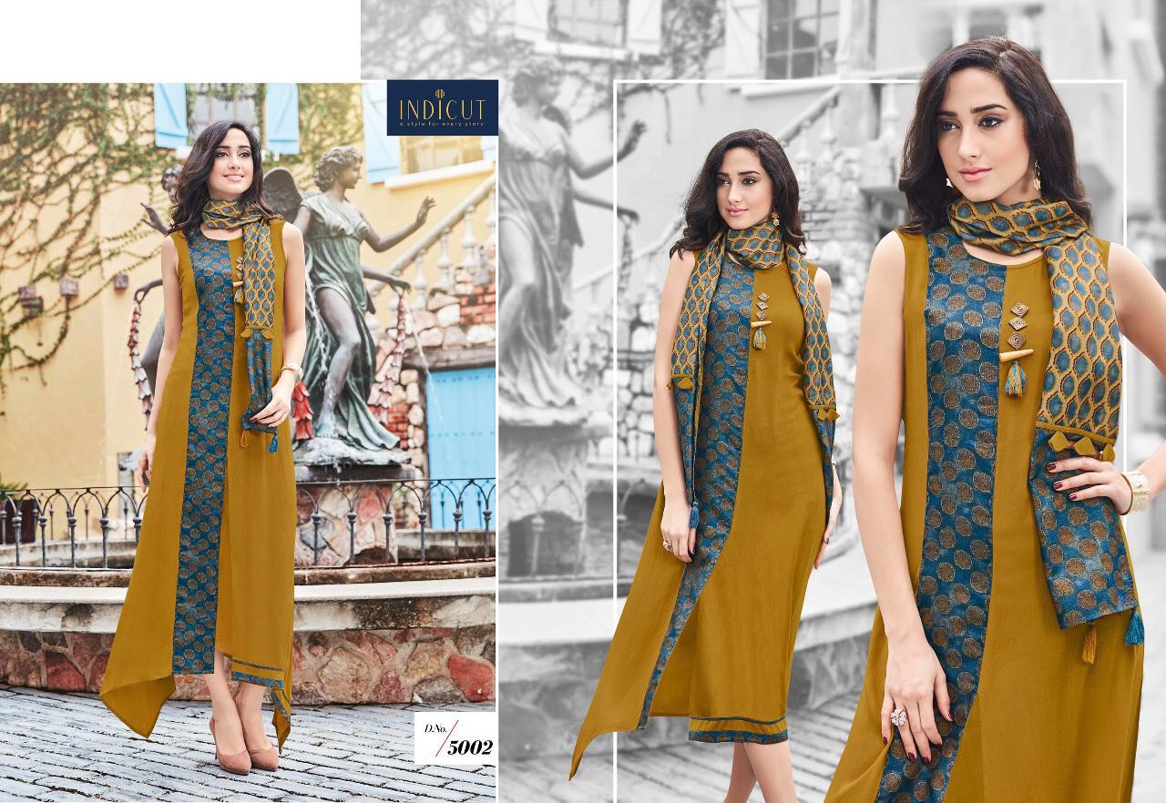 Dazzle By Indicut 5001 To 5010 Series Designer Stylish Fancy Beautiful Colorful Party Wear & Ethnic Wear Rayon & Cotton Printed Kurtis & Scarfs At Wholesale Price