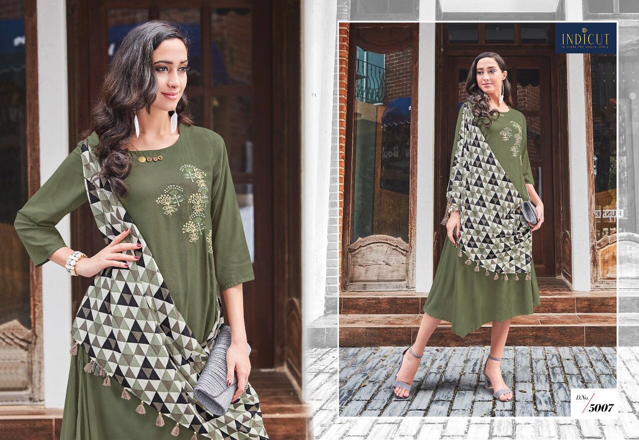 Dazzle By Indicut 5001 To 5010 Series Designer Stylish Fancy Beautiful Colorful Party Wear & Ethnic Wear Rayon & Cotton Printed Kurtis & Scarfs At Wholesale Price