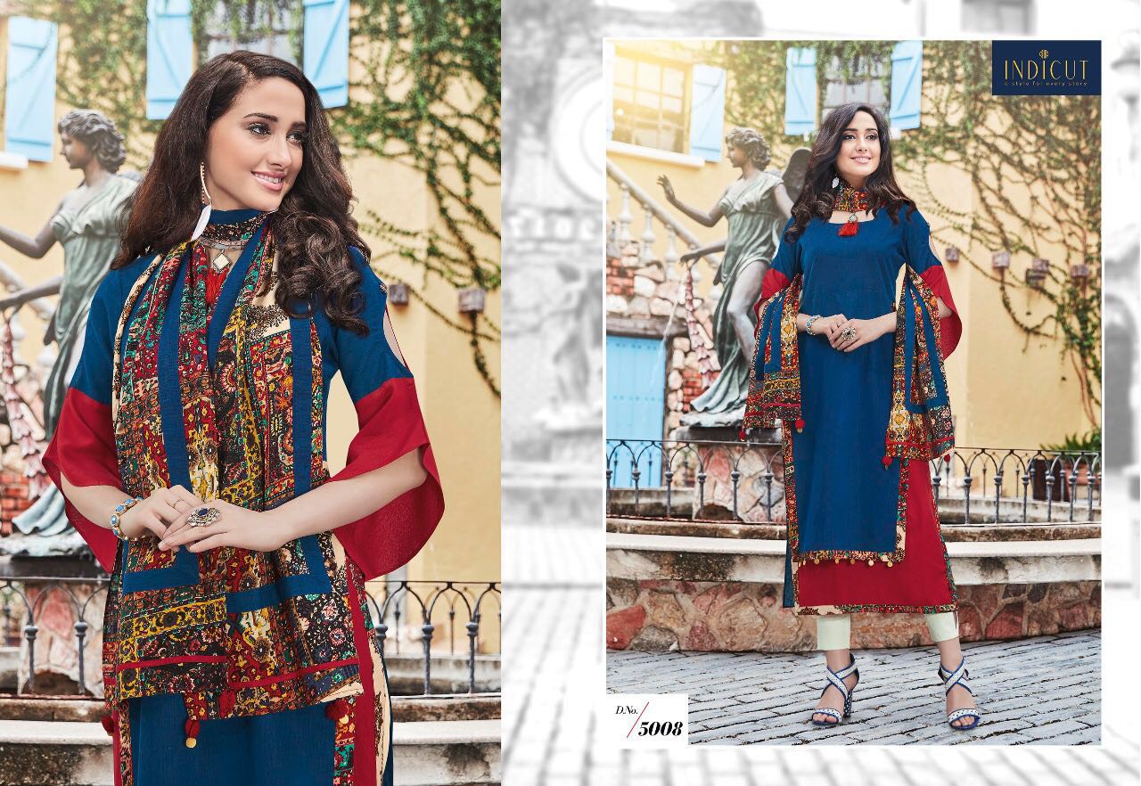Dazzle By Indicut 5001 To 5010 Series Designer Stylish Fancy Beautiful Colorful Party Wear & Ethnic Wear Rayon & Cotton Printed Kurtis & Scarfs At Wholesale Price