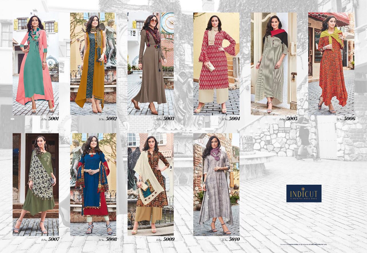 Dazzle By Indicut 5001 To 5010 Series Designer Stylish Fancy Beautiful Colorful Party Wear & Ethnic Wear Rayon & Cotton Printed Kurtis & Scarfs At Wholesale Price