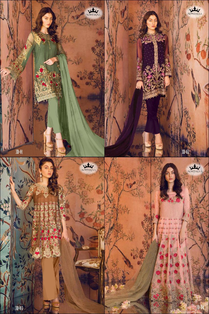 Deedam By Mohtarma Fabrics 01 To 04 Series Pakistani Suits Designer Beautiful Colorful Collection Party Wear & Occasional Wear Faux Georgette Dresses At Wholesale Price