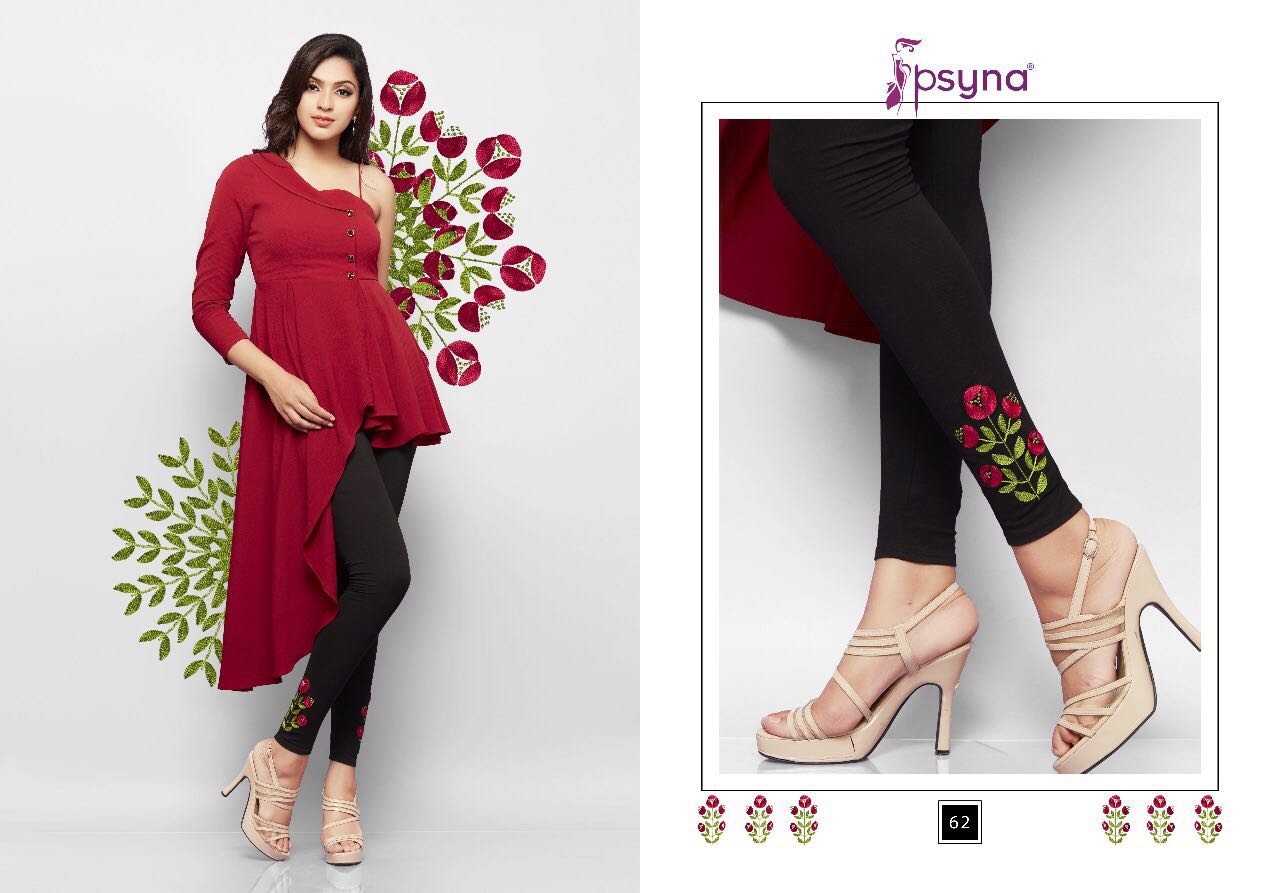 Embroidery Leggings Vol-6 By Psyna 60 To 69 Series Stylish Colorful Beautiful Fancy Casual Wear & Ethnic Wear Cotton Lycra Leggings At Wholesale Price