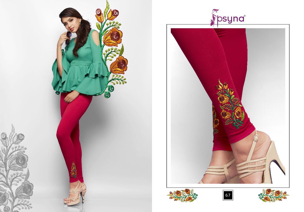 Embroidery Leggings Vol-6 By Psyna 60 To 69 Series Stylish Colorful Beautiful Fancy Casual Wear & Ethnic Wear Cotton Lycra Leggings At Wholesale Price
