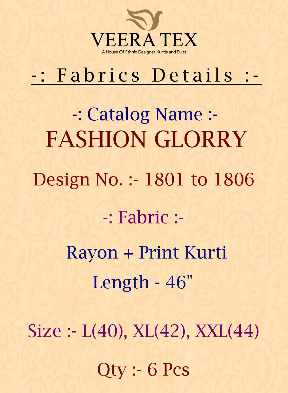Fashion Glorry By Veera Tex 1801 To 1806 Series Designer Beautiful Stylish Colorful Fancy Ethnic Wear & Casual Wear Rayon Printed Kurtis At Wholesale Price