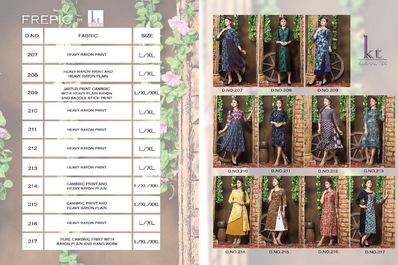 Frepic By Kushal Tex 207 To 217 Series Beautiful Stylish Colorful Fancy Casual Wear & Ethnic Wear Heavy Rayon Printed Kurtis At Wholesale Price