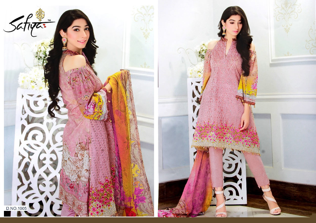 Jazmin By Safiya Collection 1001 To 1006 Series Beautiful Pakistani Suits Designer Colorful Stylish Fancy Embroidered Casual Wear Party Wear & Occasional Wear Glace Satin Cotton Printed Dresses At Wholesale Price