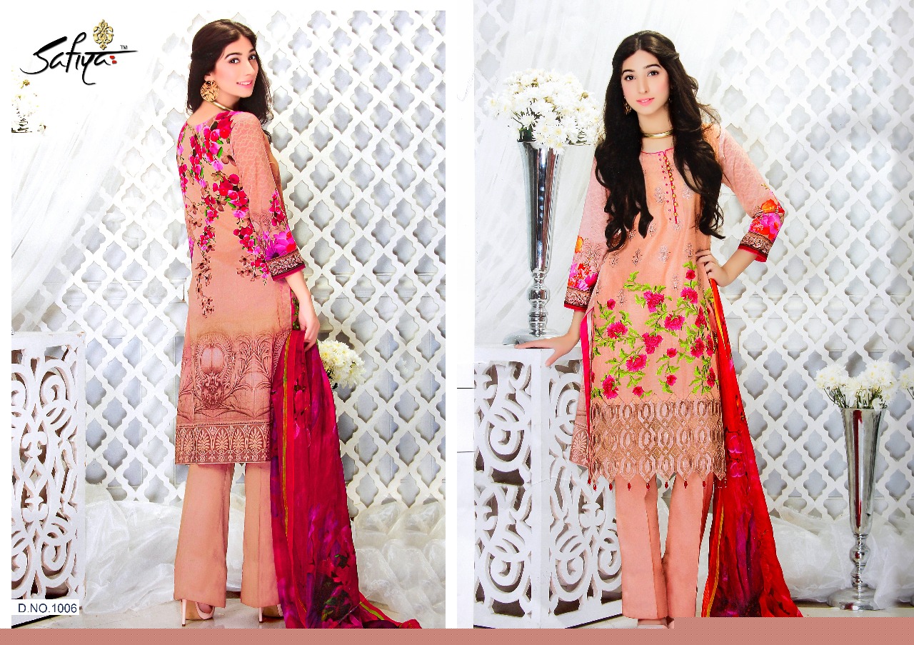 Jazmin By Safiya Collection 1001 To 1006 Series Beautiful Pakistani Suits Designer Colorful Stylish Fancy Embroidered Casual Wear Party Wear & Occasional Wear Glace Satin Cotton Printed Dresses At Wholesale Price