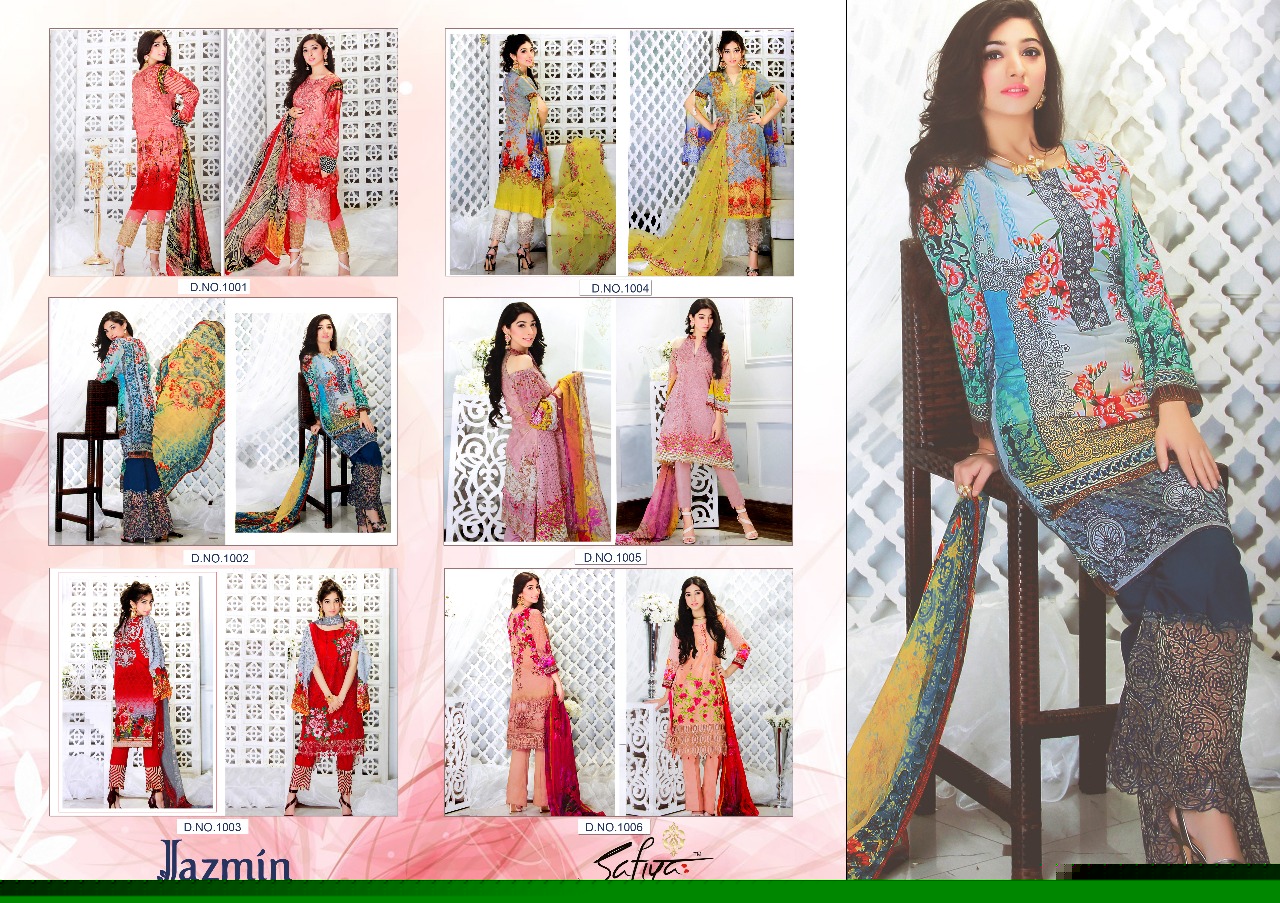 Jazmin By Safiya Collection 1001 To 1006 Series Beautiful Pakistani Suits Designer Colorful Stylish Fancy Embroidered Casual Wear Party Wear & Occasional Wear Glace Satin Cotton Printed Dresses At Wholesale Price