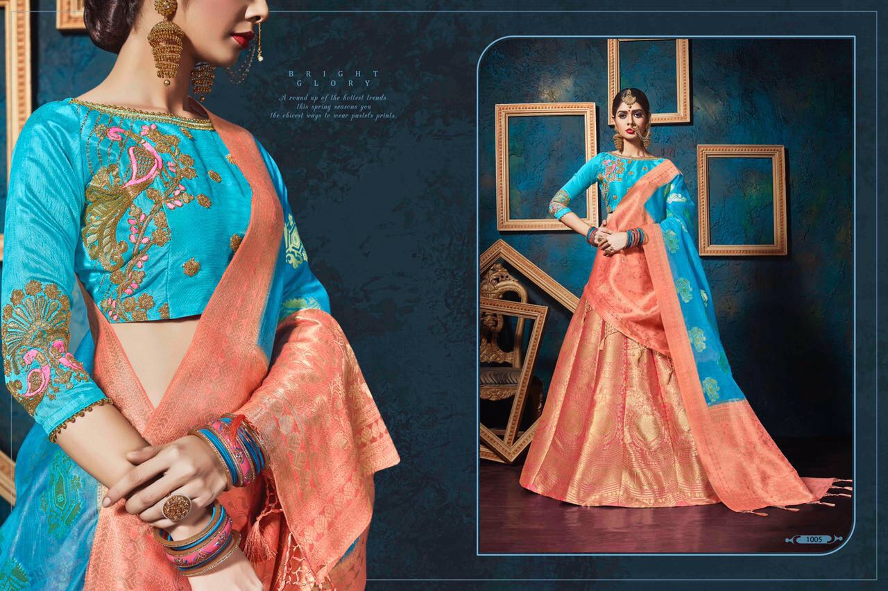Kasak By Kianaa Fashion 1001 To 1008 Series Designer Beautiful Colorful Fancy Wedding Collection Party Wear & Occasional Wear Pure Silk Jacquard Embroidered Lehengas At Wholesale Price