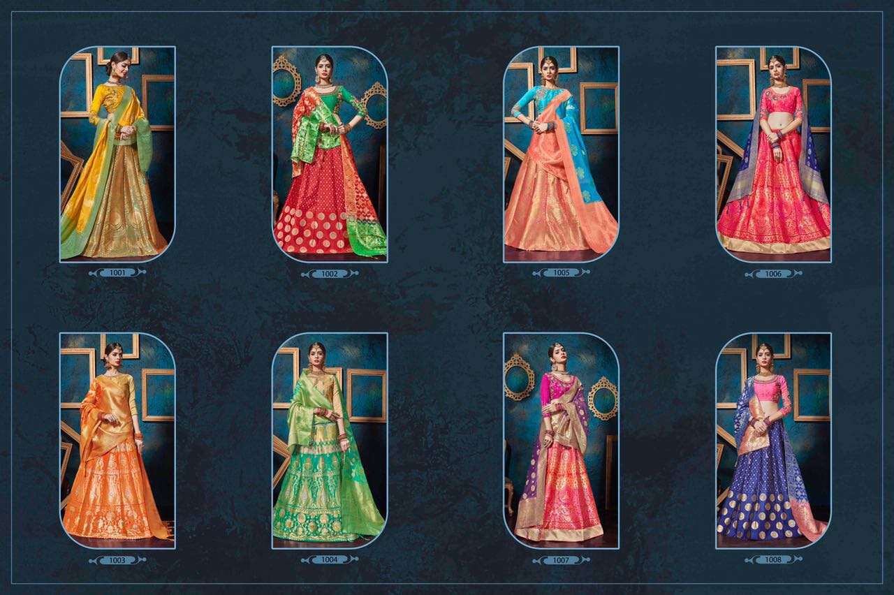 Kasak By Kianaa Fashion 1001 To 1008 Series Designer Beautiful Colorful Fancy Wedding Collection Party Wear & Occasional Wear Pure Silk Jacquard Embroidered Lehengas At Wholesale Price