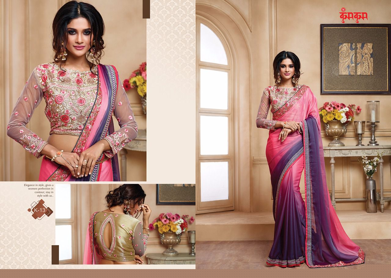 Kum Kum Vol-1 By Kum Kum 9 To 18 Series Designer Wedding Collection Beautiful Fancy Colorful Party Wear & Occasional Wear Georgette/ Chiffon & Satin Embroidered Sarees At Wholesale Price