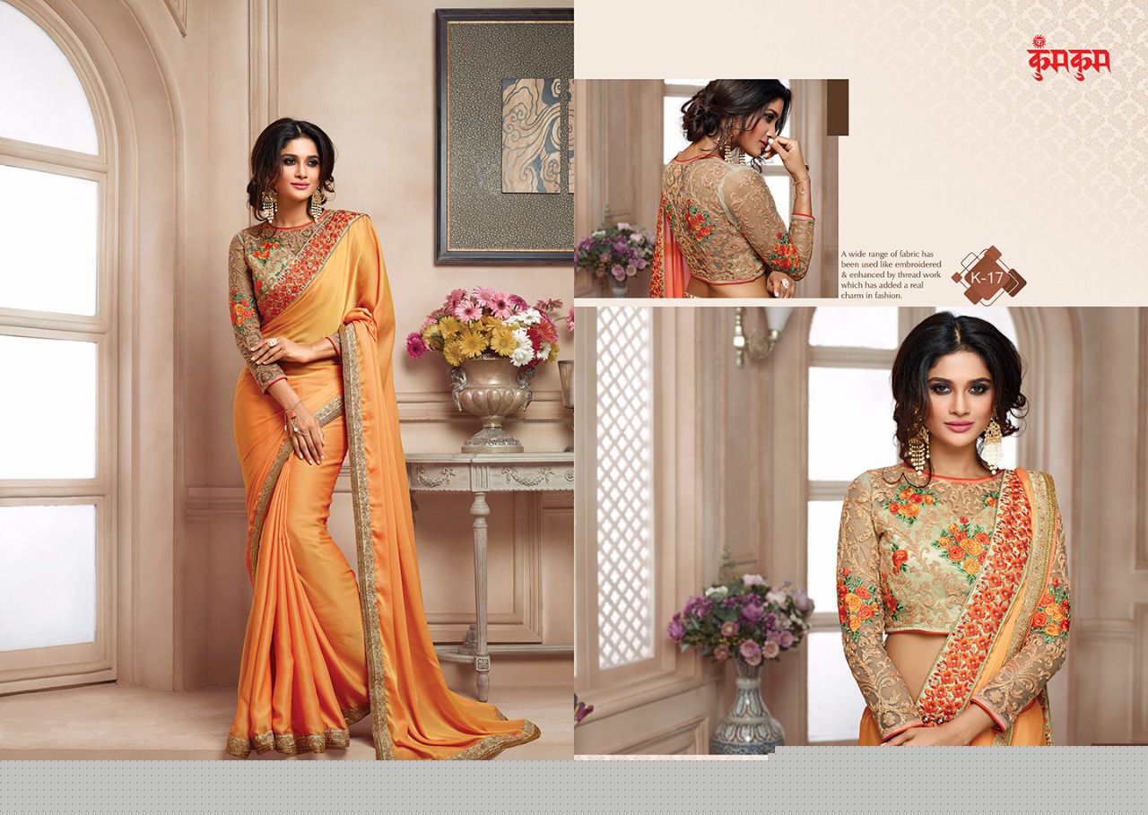Kum Kum Vol-1 By Kum Kum 9 To 18 Series Designer Wedding Collection Beautiful Fancy Colorful Party Wear & Occasional Wear Georgette/ Chiffon & Satin Embroidered Sarees At Wholesale Price