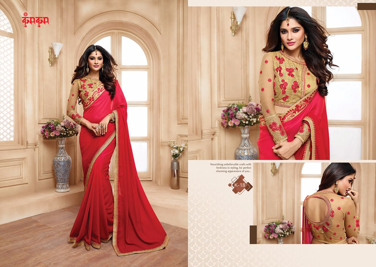 Kum Kum Vol-1 By Kum Kum 9 To 18 Series Designer Wedding Collection Beautiful Fancy Colorful Party Wear & Occasional Wear Georgette/ Chiffon & Satin Embroidered Sarees At Wholesale Price