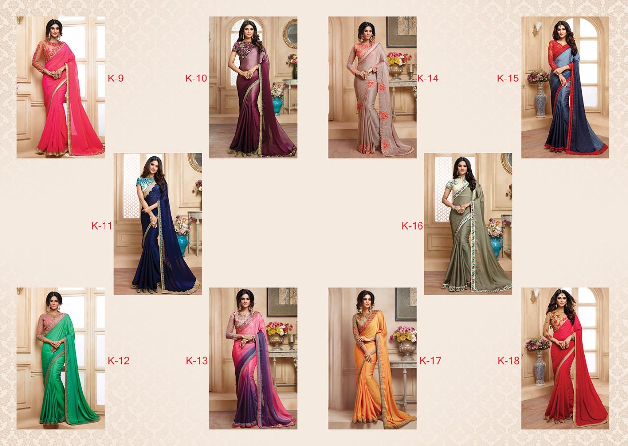 Kum Kum Vol-1 By Kum Kum 9 To 18 Series Designer Wedding Collection Beautiful Fancy Colorful Party Wear & Occasional Wear Georgette/ Chiffon & Satin Embroidered Sarees At Wholesale Price