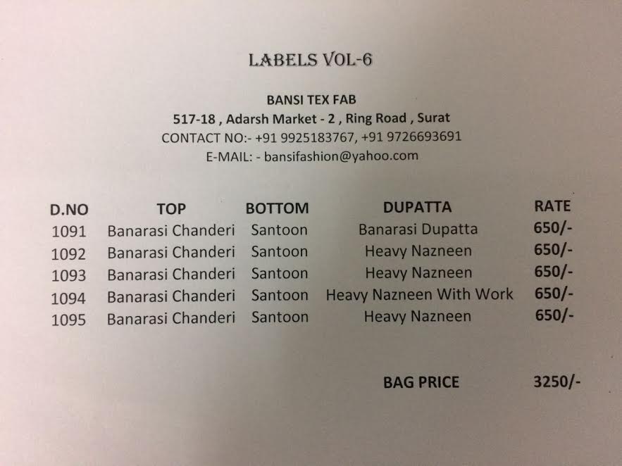 Labels-6 By Bansi Tex Fab 1091 To 1095 Series Beautiful Embroidered Stylish Party Wear Casual Wear Occasional Wear Dresses At Wholesale Price