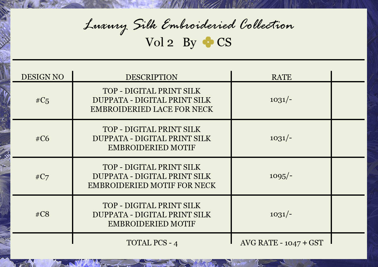 Luxury Silk Collection Vol-2 By Cs C5 To C8 Series Designer Pakistani Embroidered Suits Beautiful Colorful Fancy Party Wear & Occasional Wear Digital Printed Silk Dresses At Wholesale Price
