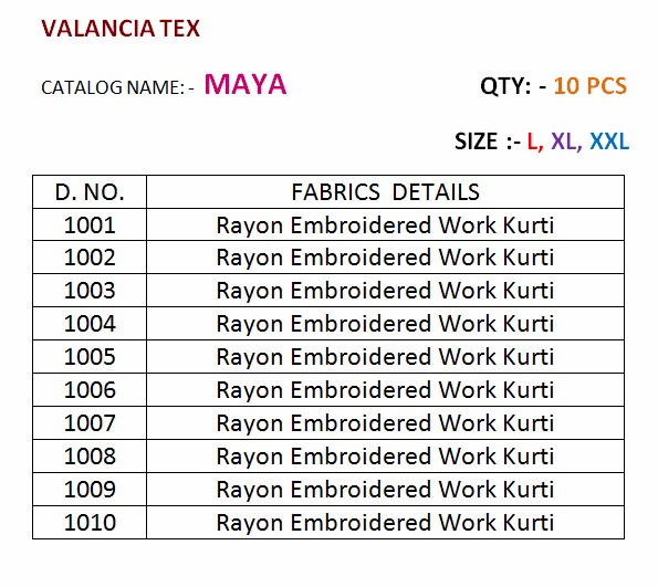 Maya 1001 To 1010 Series By Veera Tex Beautiful Embroidered Colourful Stylish Fancy Pretty Party Wear Casual Wear Occasional Wear Printed Reyon Kurti At Wholesale Price