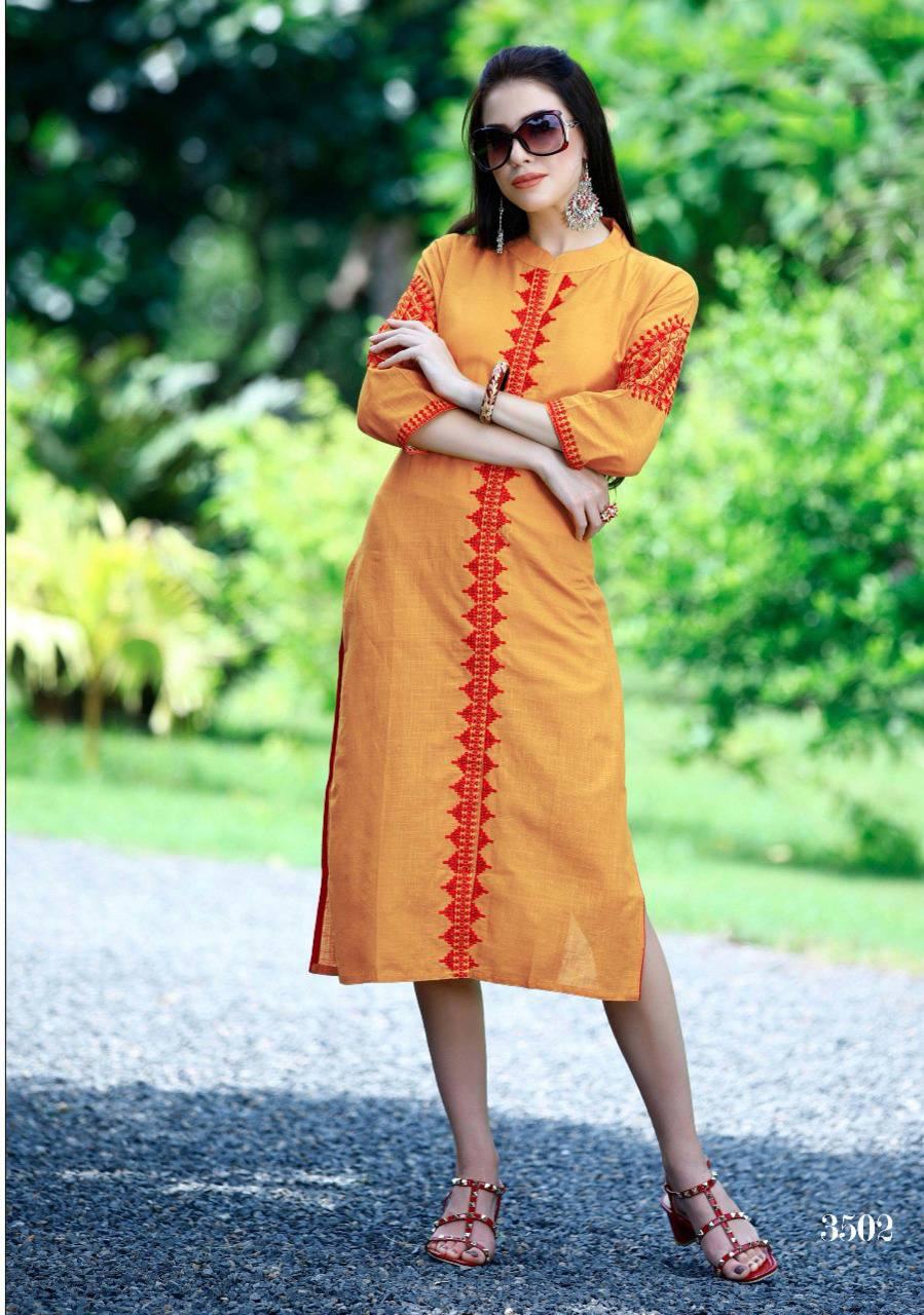 Mulberry Vol-35 By Vesh 3501 To 3508 Series Stylish Colorful Beautiful Fancy Party Wear & Ethnic Wear Slub Cotton Embroidered Kurtis At Wholesale Price