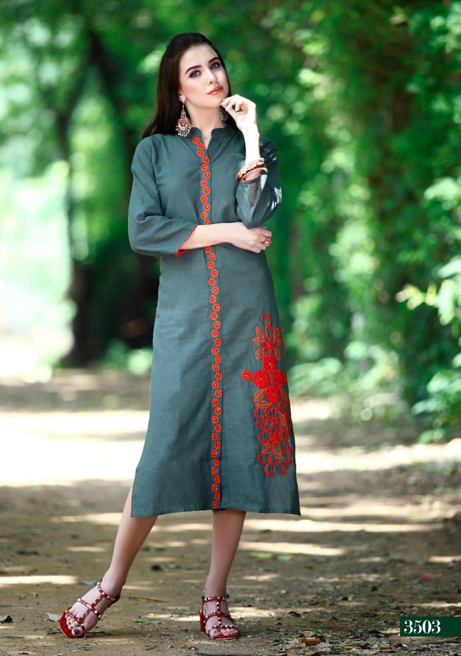 Mulberry Vol-35 By Vesh 3501 To 3508 Series Stylish Colorful Beautiful Fancy Party Wear & Ethnic Wear Slub Cotton Embroidered Kurtis At Wholesale Price