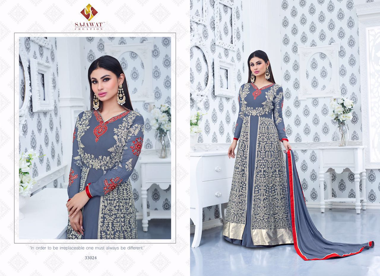 Nagin Vol 3 By Sajawat Creation 33021 To 33026 Series Bollywood Beautiful Stylish Designer Embroidered Party Wear Georgette Dresses At Wholesale Price