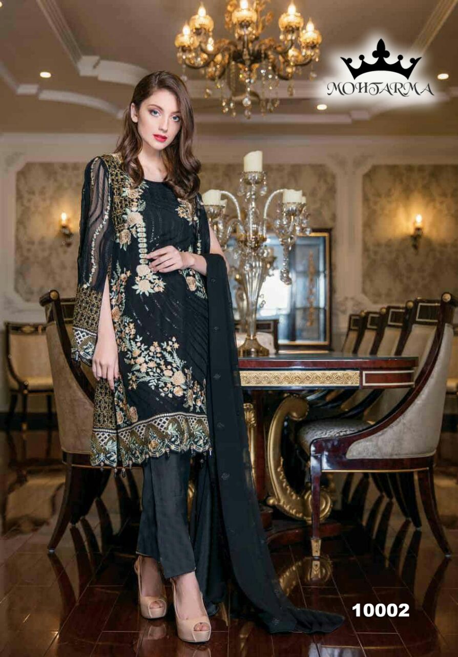 Nayaab By Mohtarma Fabrics 10001 To 10005 Series Beautiful Pakistani Suits Colorful Fancy Embroidered Stylish Party Wear & Occasional Wear Faux Georgette Dresses At Wholesale Price