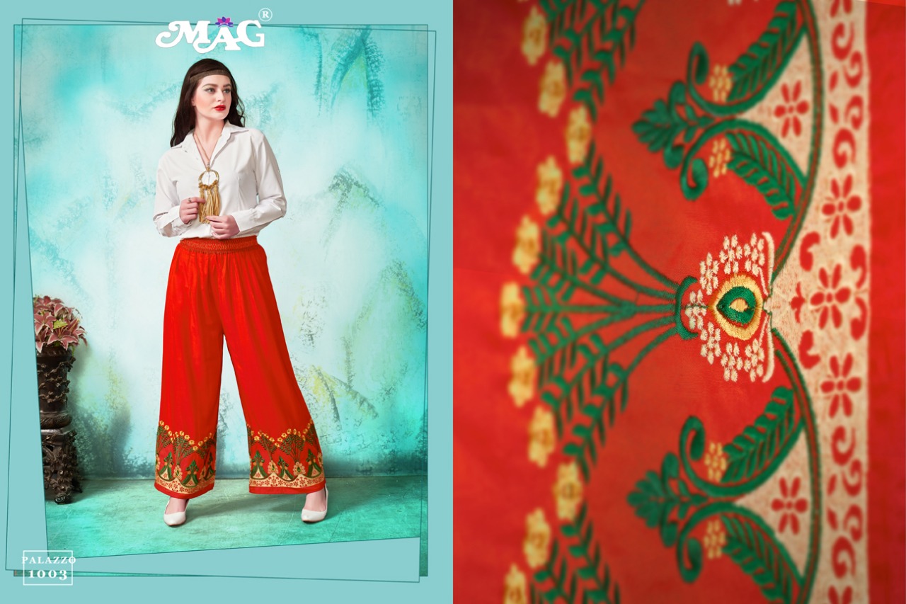 Palazzo Vol-1 By Mag 1001 To 1009 Series Western Stylish Palazzos With Embroidered Work Fancy Colorful Casual Wear & Ready To Wear Cotton Rayon Palazzos At Wholesale Price