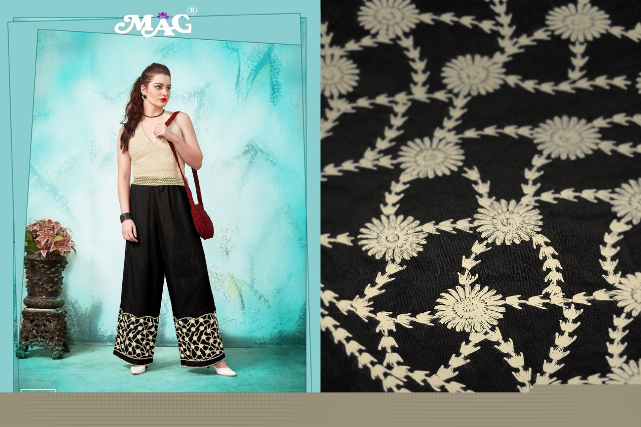 Palazzo Vol-1 By Mag 1001 To 1009 Series Western Stylish Palazzos With Embroidered Work Fancy Colorful Casual Wear & Ready To Wear Cotton Rayon Palazzos At Wholesale Price