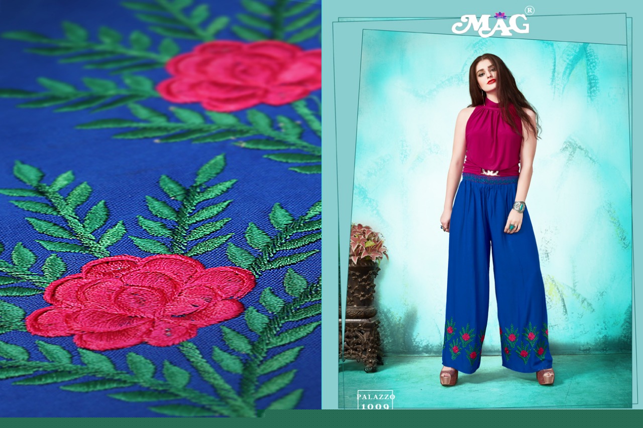 Palazzo Vol-1 By Mag 1001 To 1009 Series Western Stylish Palazzos With Embroidered Work Fancy Colorful Casual Wear & Ready To Wear Cotton Rayon Palazzos At Wholesale Price
