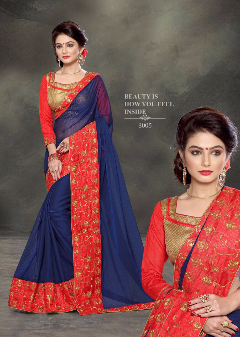 Platinum By Right One Fashion 3001 To 3012 Series Indian Beautiful Colorful Fancy Traditional Wear & Party Wear Two Tone Chiffon Embroidered Sarees At Wholesale Price