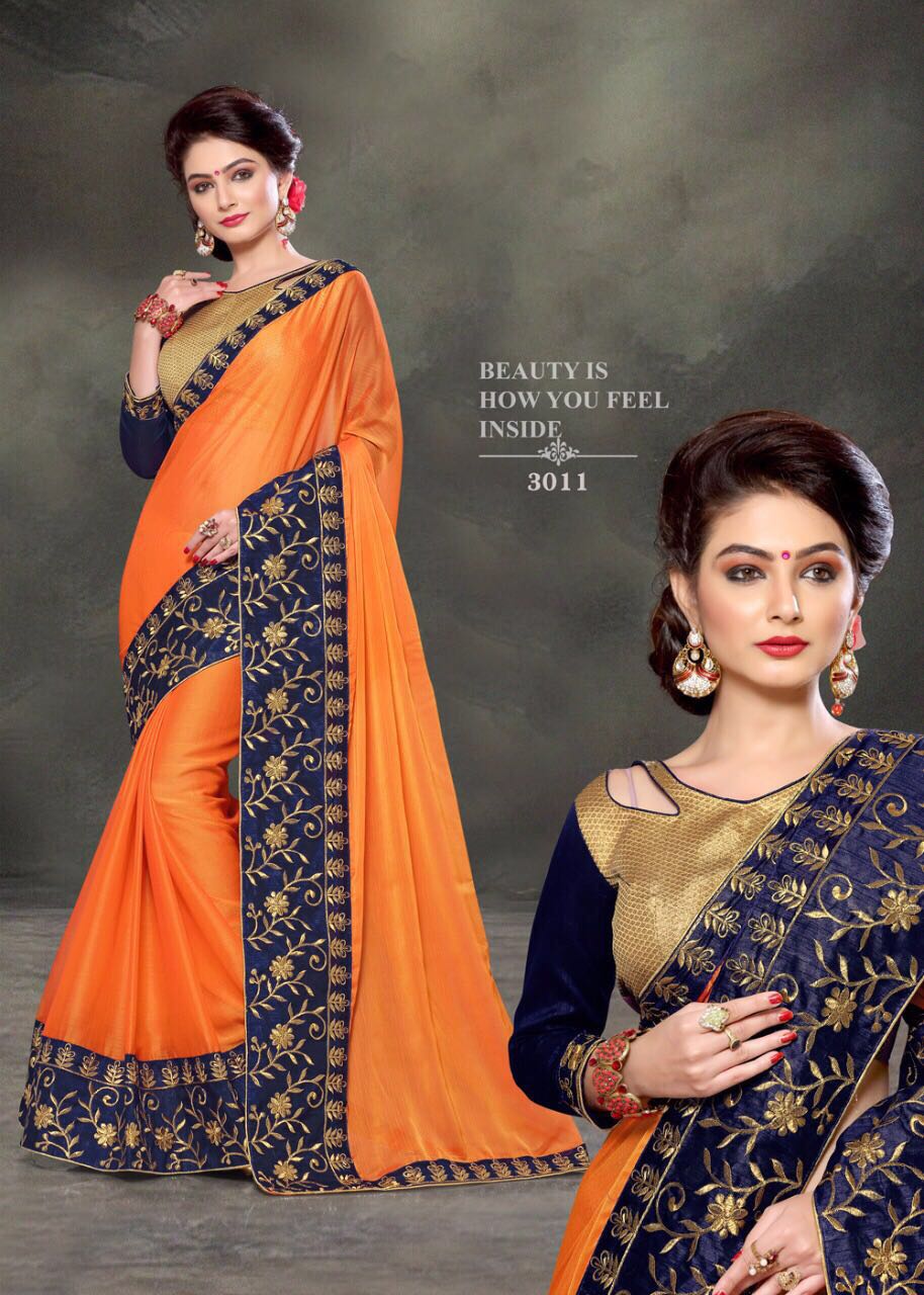 Platinum By Right One Fashion 3001 To 3012 Series Indian Beautiful Colorful Fancy Traditional Wear & Party Wear Two Tone Chiffon Embroidered Sarees At Wholesale Price