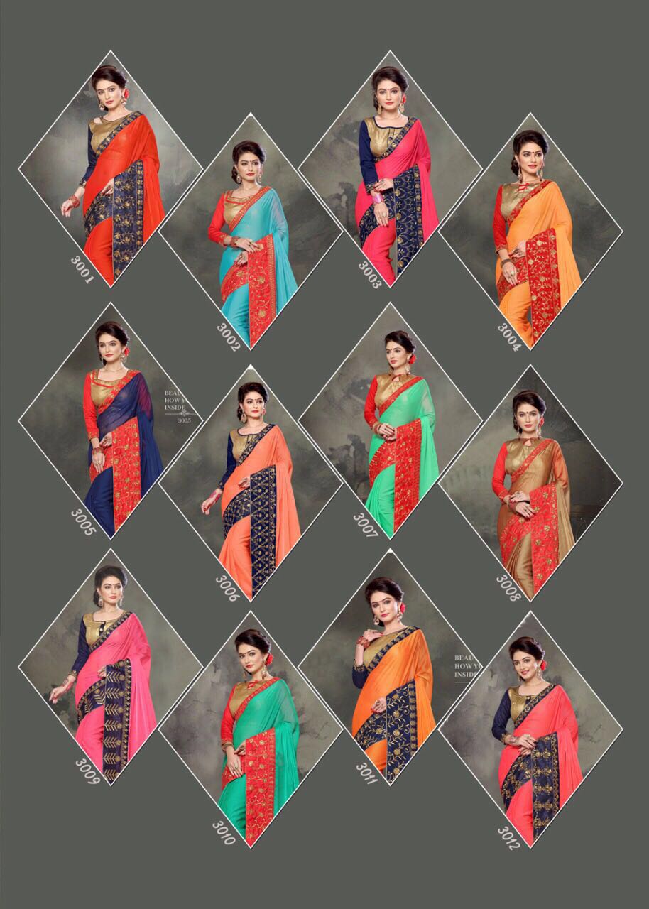 Platinum By Right One Fashion 3001 To 3012 Series Indian Beautiful Colorful Fancy Traditional Wear & Party Wear Two Tone Chiffon Embroidered Sarees At Wholesale Price