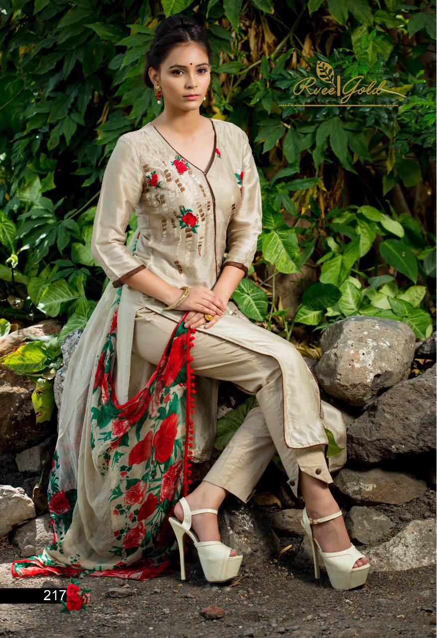 Preet Collection By Rvee Gold 217 To 224 Series Stylish Designer Beautiful Embroidered Party Wear & Occasional Wear Pure Bemberg Russian Silk Dresses At Wholesale Price