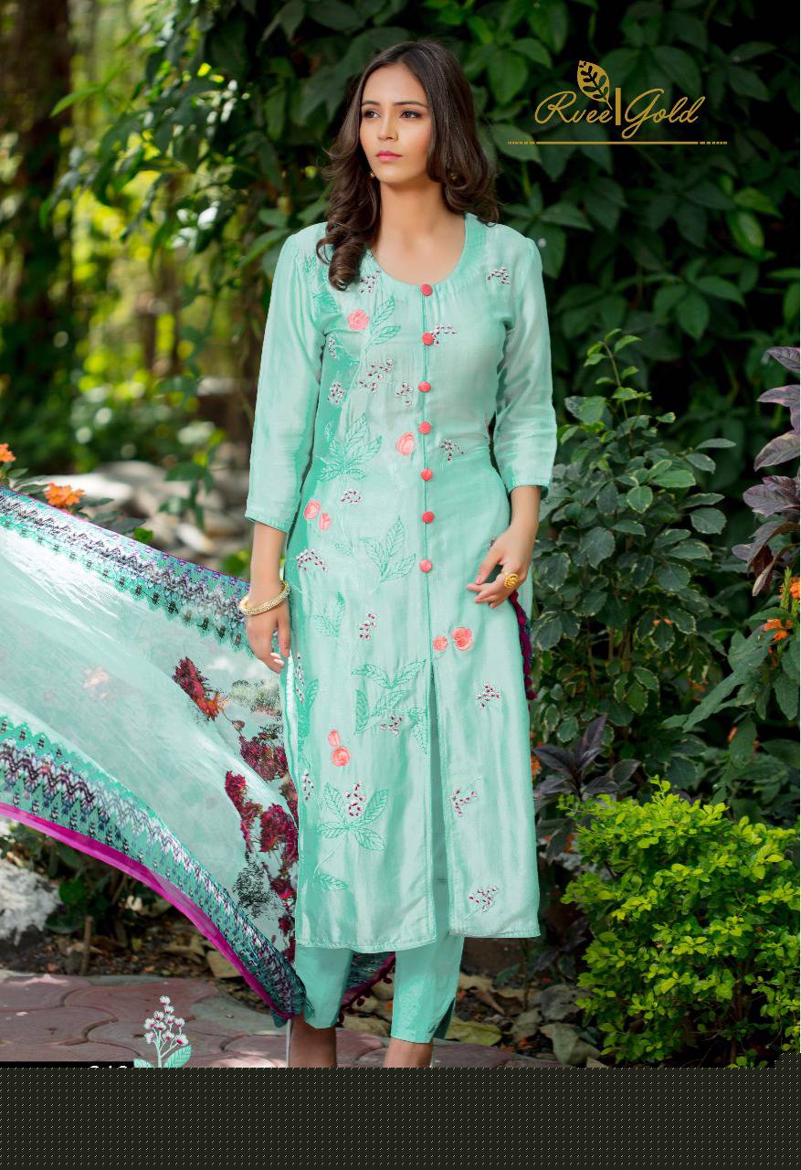 Preet Collection By Rvee Gold 217 To 224 Series Stylish Designer Beautiful Embroidered Party Wear & Occasional Wear Pure Bemberg Russian Silk Dresses At Wholesale Price