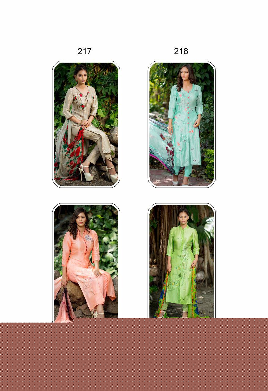 Preet Collection By Rvee Gold 217 To 224 Series Stylish Designer Beautiful Embroidered Party Wear & Occasional Wear Pure Bemberg Russian Silk Dresses At Wholesale Price