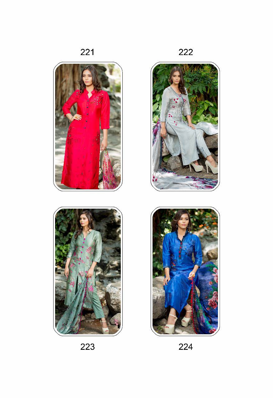 Preet Collection By Rvee Gold 217 To 224 Series Stylish Designer Beautiful Embroidered Party Wear & Occasional Wear Pure Bemberg Russian Silk Dresses At Wholesale Price