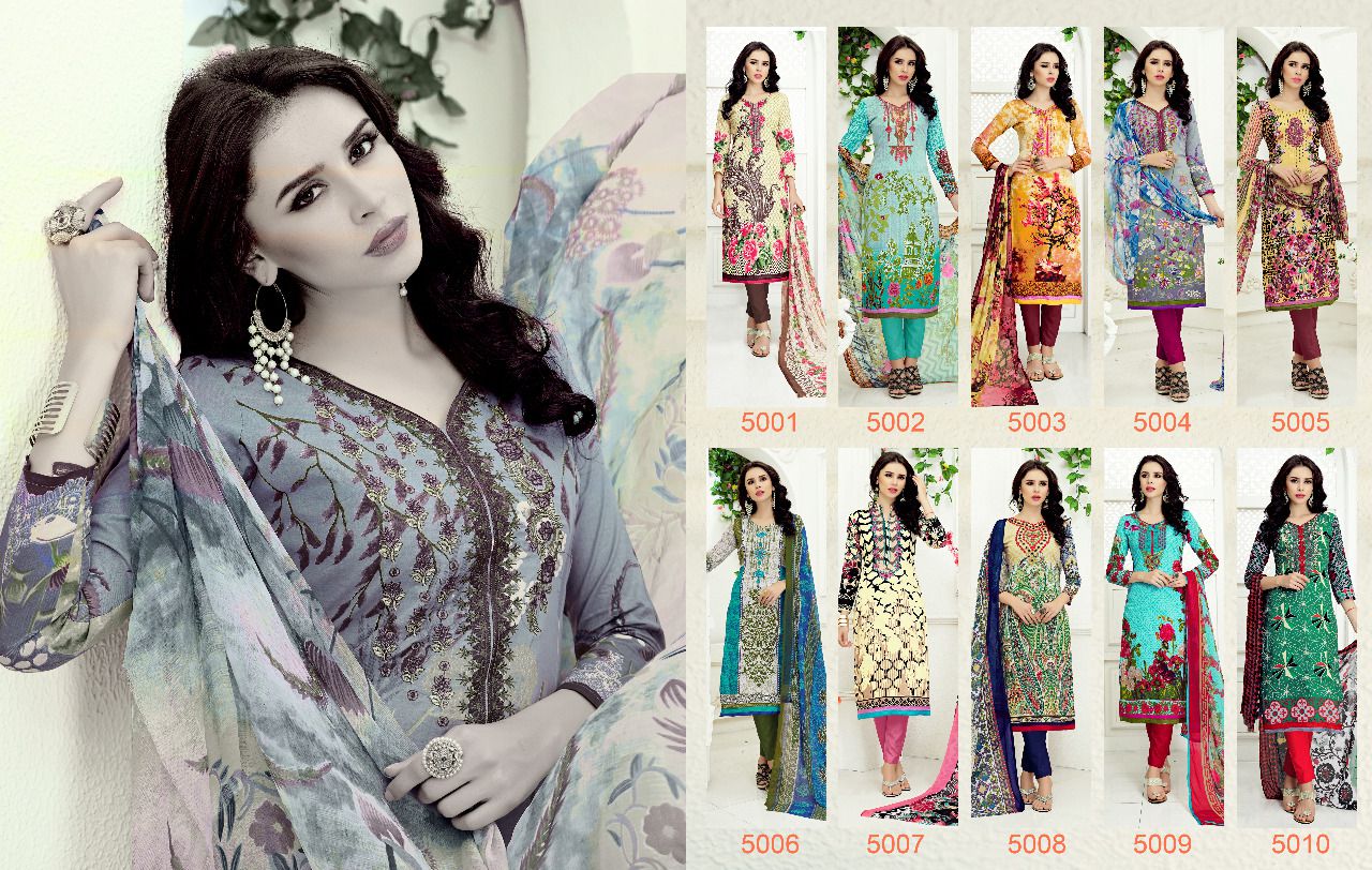 Razeena By Shri Vijay 5001 To 5010 Series Beautiful Stylish Colorful Fancy Ethnic Wear & Casual Wear Cambric Cotton Dresses At Wholesale Price