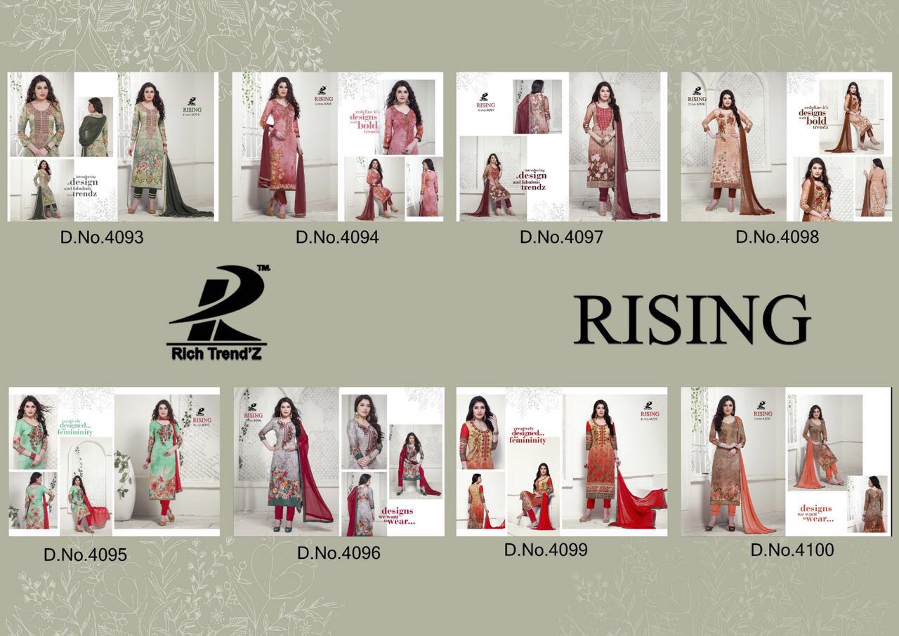 Rising By Rich Trendz 4093 To 4100 Series Indian Ethnic Stylish Colourful Digital Printed And Embroidered Casual Wear Jam Silk Dresses At Wholesale Price