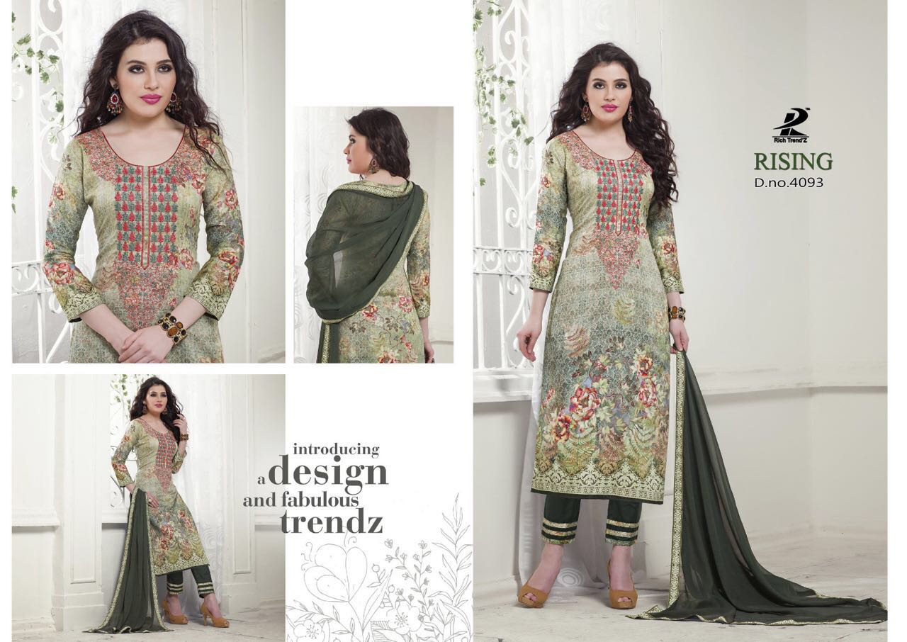 Rising By Rich Trendz 4093 To 4100 Series Indian Ethnic Stylish Colourful Digital Printed And Embroidered Casual Wear Jam Silk Dresses At Wholesale Price
