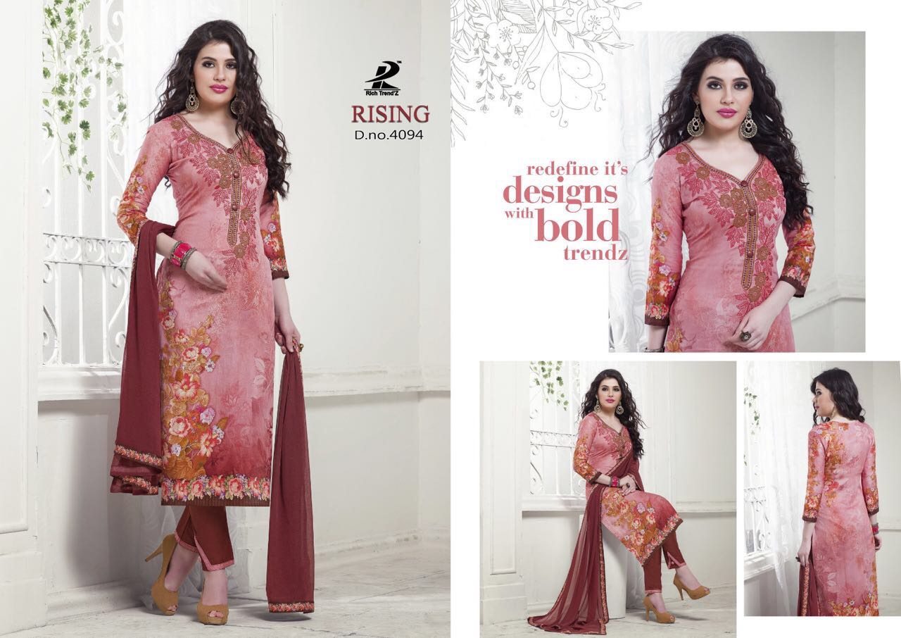 Rising By Rich Trendz 4093 To 4100 Series Indian Ethnic Stylish Colourful Digital Printed And Embroidered Casual Wear Jam Silk Dresses At Wholesale Price
