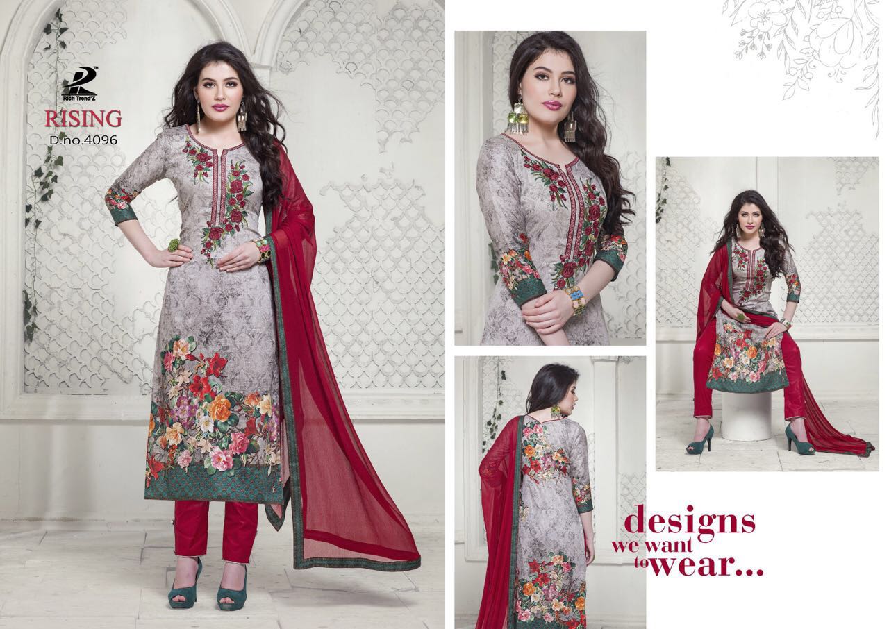 Rising By Rich Trendz 4093 To 4100 Series Indian Ethnic Stylish Colourful Digital Printed And Embroidered Casual Wear Jam Silk Dresses At Wholesale Price