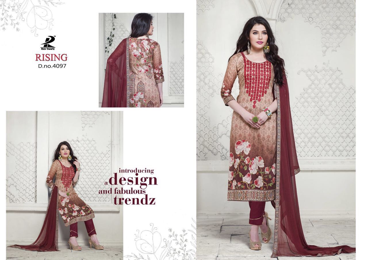 Rising By Rich Trendz 4093 To 4100 Series Indian Ethnic Stylish Colourful Digital Printed And Embroidered Casual Wear Jam Silk Dresses At Wholesale Price