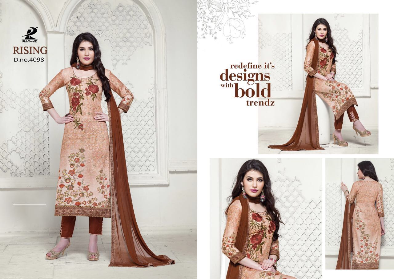 Rising By Rich Trendz 4093 To 4100 Series Indian Ethnic Stylish Colourful Digital Printed And Embroidered Casual Wear Jam Silk Dresses At Wholesale Price