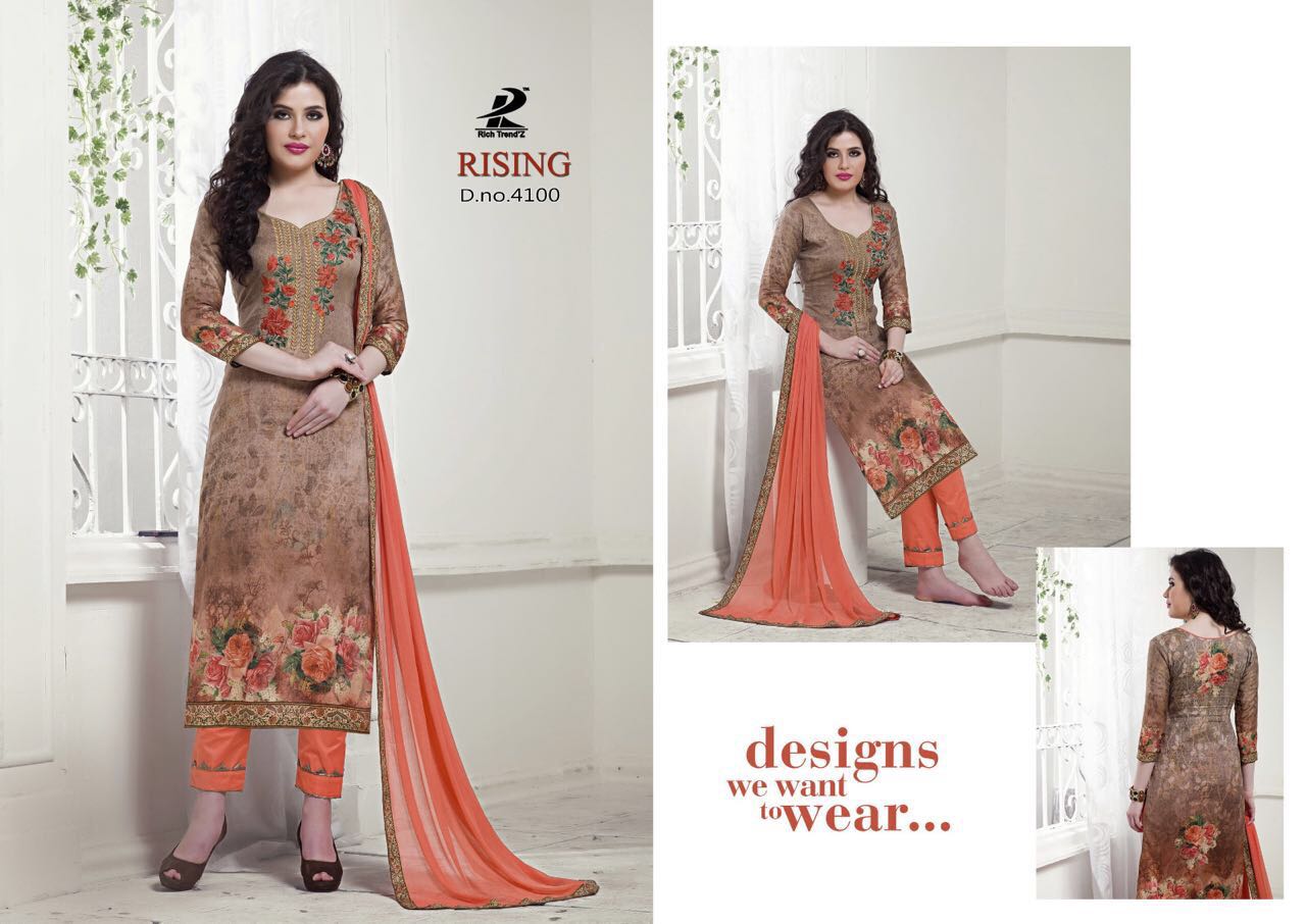 Rising By Rich Trendz 4093 To 4100 Series Indian Ethnic Stylish Colourful Digital Printed And Embroidered Casual Wear Jam Silk Dresses At Wholesale Price