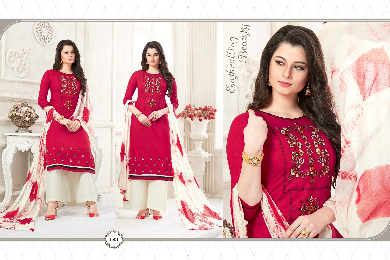 Rivaaz By Veera Tex 1501 To 1510 Series Beautiful Colorful Fancy Embroidered Work Ethnic Wear Suits Occasional Wear Cotton Cambric Dresses At Wholesale Price