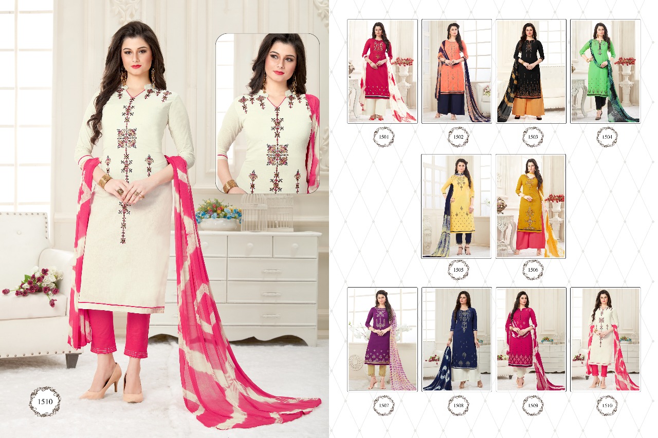 Rivaaz By Veera Tex 1501 To 1510 Series Beautiful Colorful Fancy Embroidered Work Ethnic Wear Suits Occasional Wear Cotton Cambric Dresses At Wholesale Price