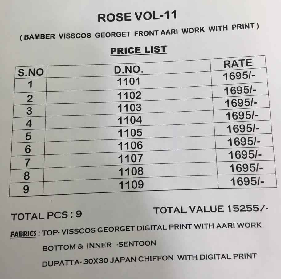 Rose Vol-11 By Sajjan 1101 To 1109 Series Beautiful Designer Pakistani Suits With Aari Work Fancy Casual Wear & Occasional Wear Visscos Georgette Printed Dresses At Wholesale Price